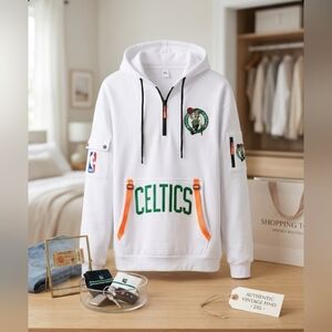 NBA White Boston Celtics Pullover Hoodie with Green and Orange Accents